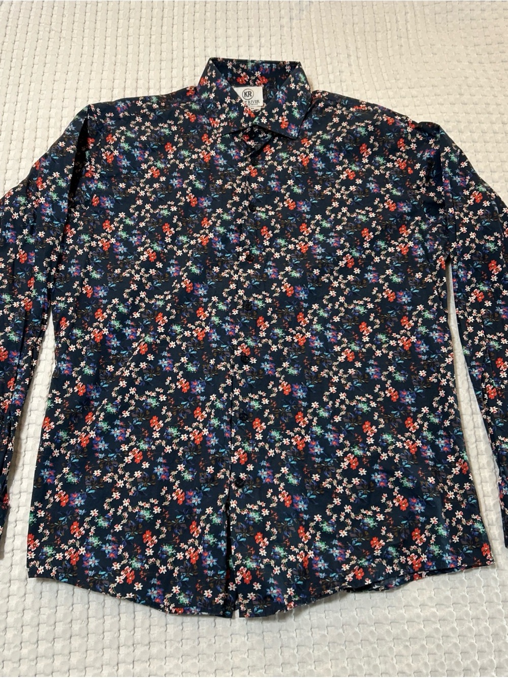 Kurt River Navy Floral Print Long-Sleeve Button-Down Shirt Men’s XL Slim Fit